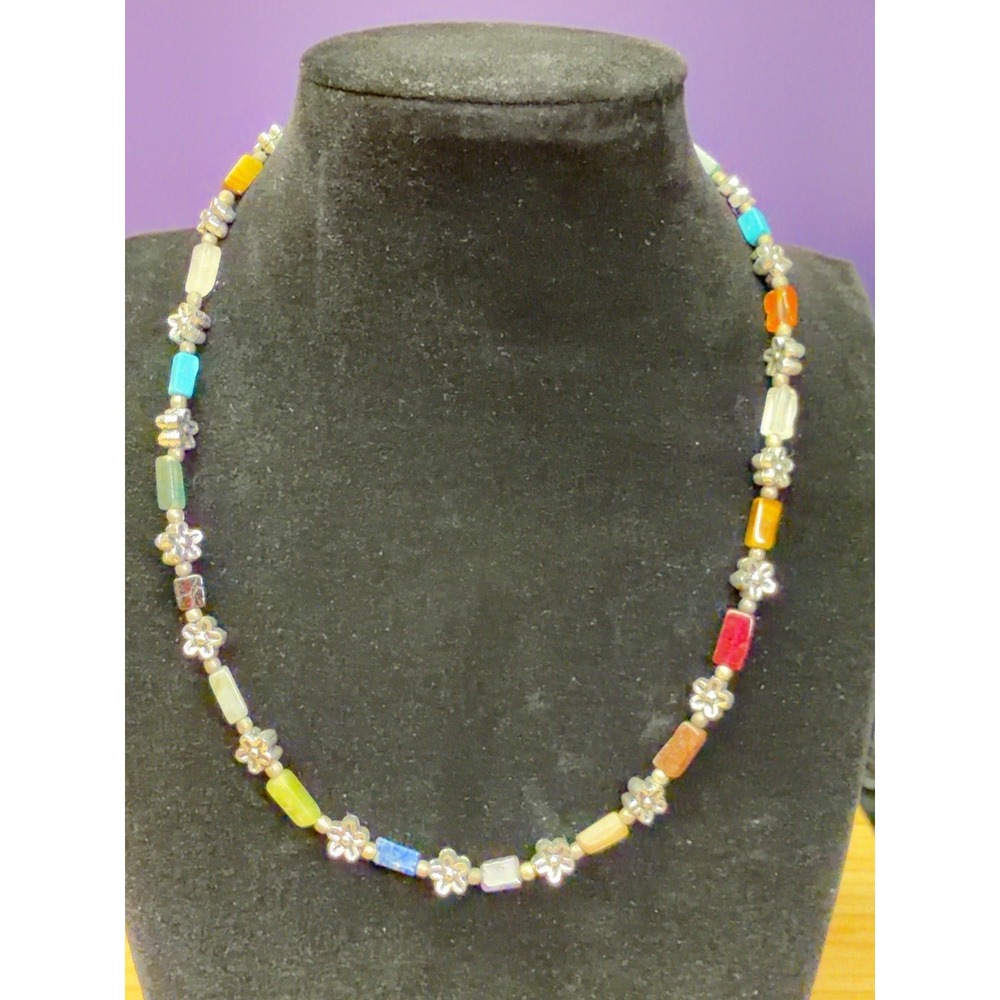 Multicolor Beaded Necklace Silver Tone Floral Spacer Beads 16" + Extender